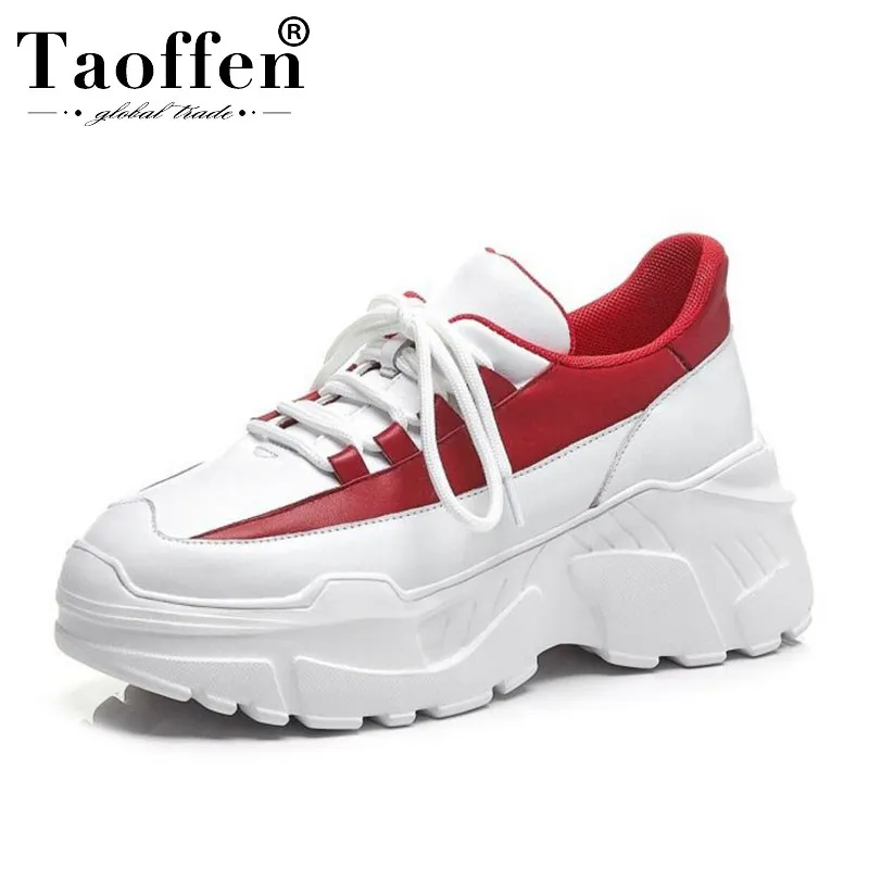 

Taoffen Women Sneakers Genuine Leather Vulcanized Shoes Women White And Red Lace Up Outdoor Fitness Wedges Sneaker Size 34-39