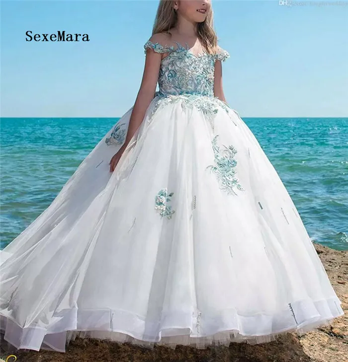 

2018 Luxury Beaded Flower Girl Dresses For Wedding Girls White Blue Lace Applique Long Kids Communion Gown Pageant Dress