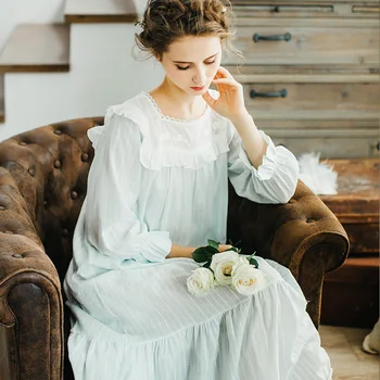 

Female sexy Nightgowns 100% cotton embroidered clothing autumn loose and long sleeve long nightdress Princess lace Sleepshirts