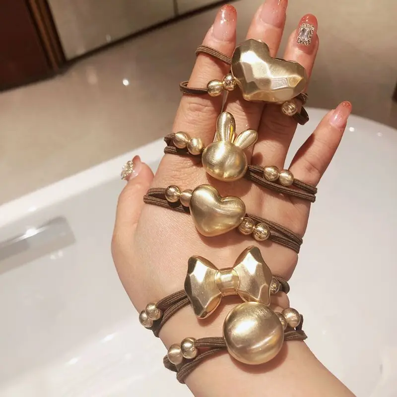 

Japanese Women Cute Cartoon Rubber Band Hair Ties Drawbench Metallic Gold Rabbit Heart Beaded Knotted Elastic Ponytail Holder