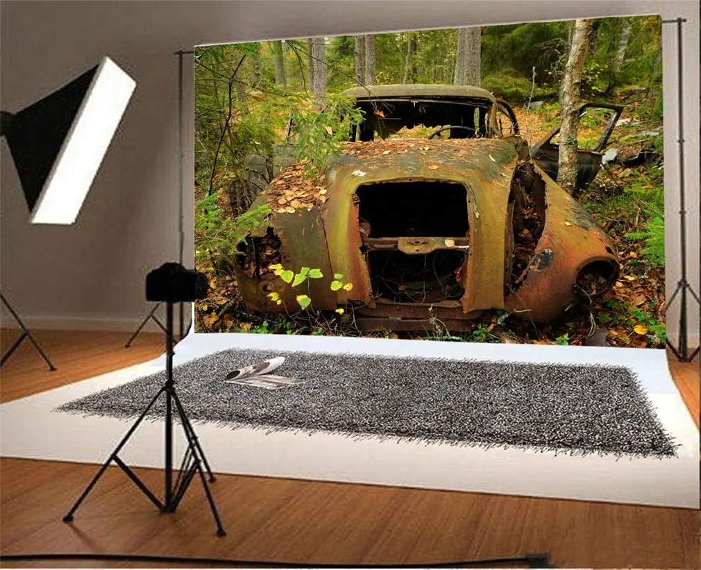 

Photography Backdrop Distressed Broken Yellow Rust Car Themed Forest Photo Background Party