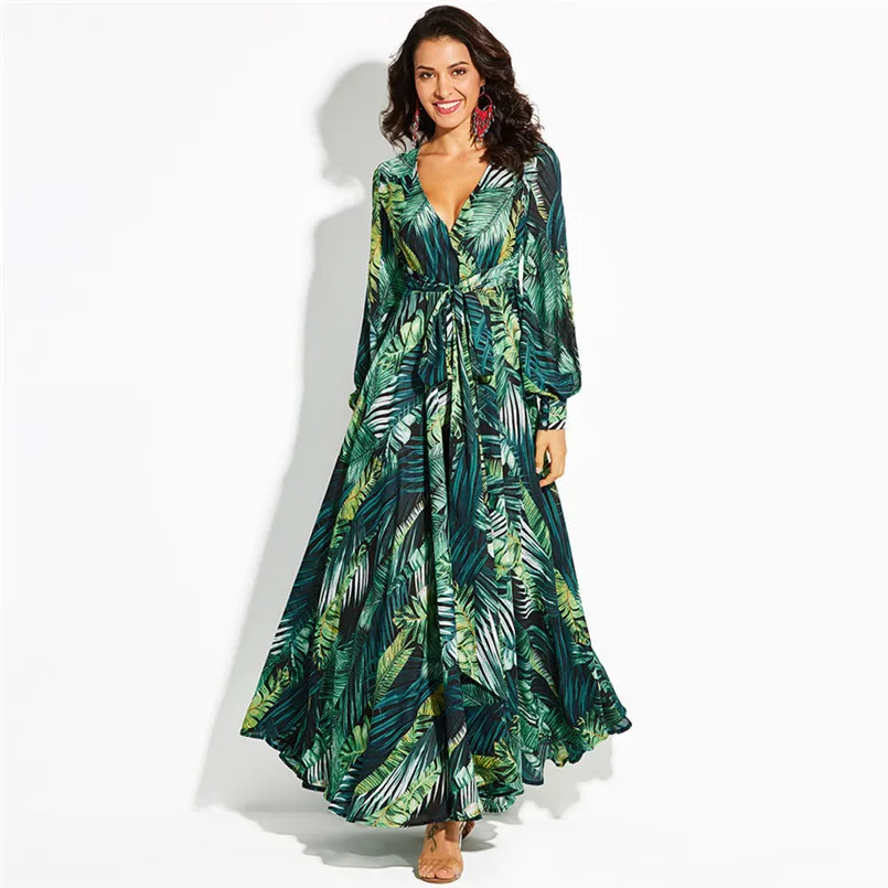 V-Neck Colorful Fashion Printing Chiffon Dress Long Sleeve Deep V Neck Belt Long Dress Comfortable New Vestidos #F#40NV26 (4)