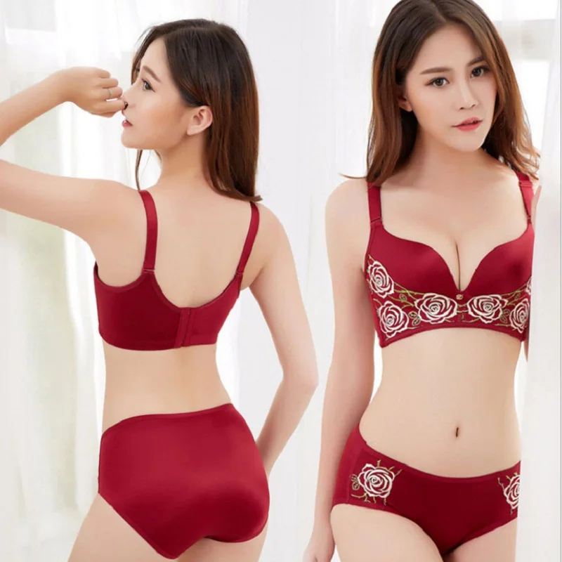 Rose Dentelle 3D massage cup Permeable sexy gathering Deep V adjustable bra suit Embroidered lace steel-rimless underwear 85C90C