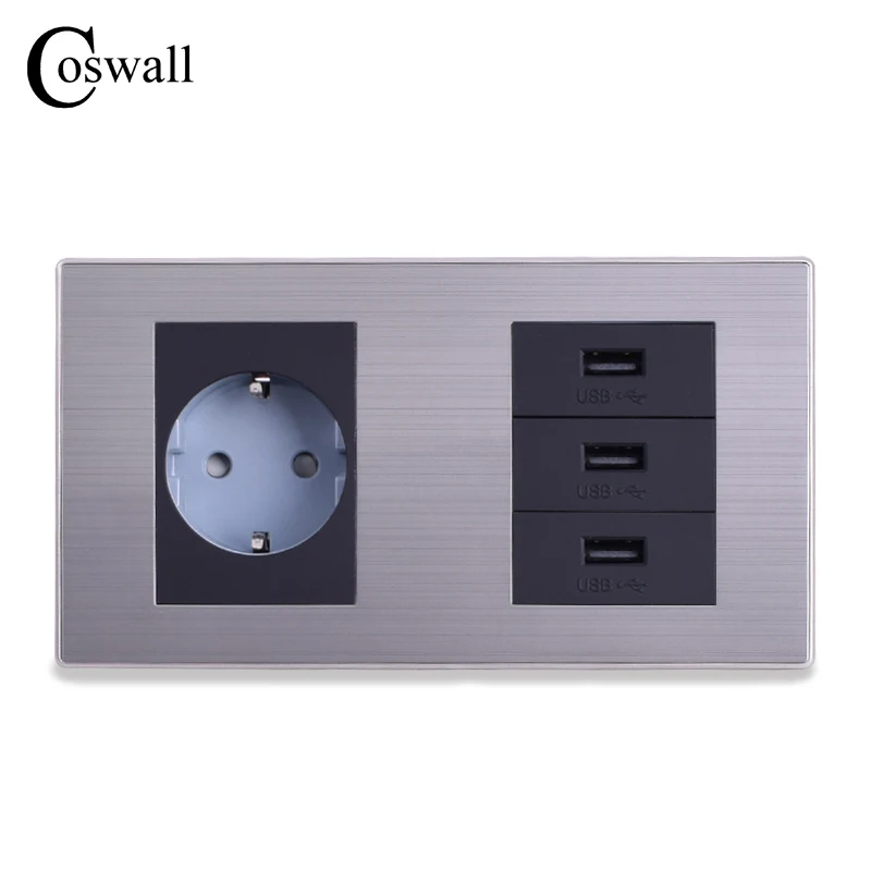 

COSWALL EU Standard Wall Socket + 3 Way USB Charge Port For Mobile 5V 2.1A Output Stainless Steel Brushed Panel