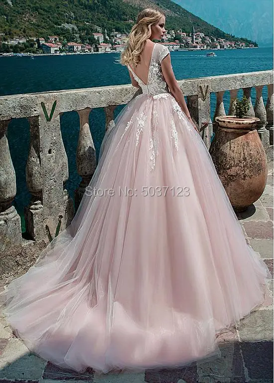 Бальное платье, свадебное платье, розовое кружевное платье с круглым вырезом, рукавами-крылышками и пуговицами, с открытой спиной, аппликации для свадебных платьев, Vestido De Noiva