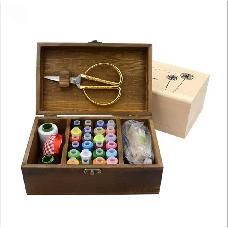 

17 kinds of tools Multifunction Wood Box Sewing Kit Needle Tape Scissor Threads Sewing Box For Home & Travelling SOWOO