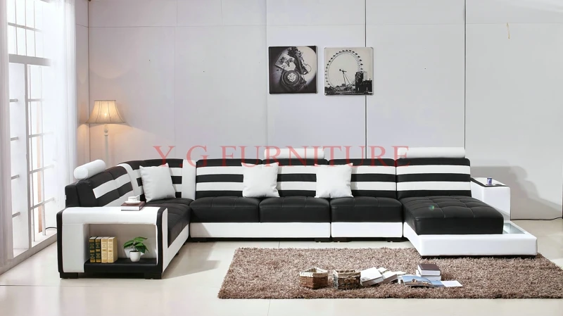 2018 Real Genuine Leather Modern Sectional Sofa with coffee table U Shaped Living Room Furniture Sofa