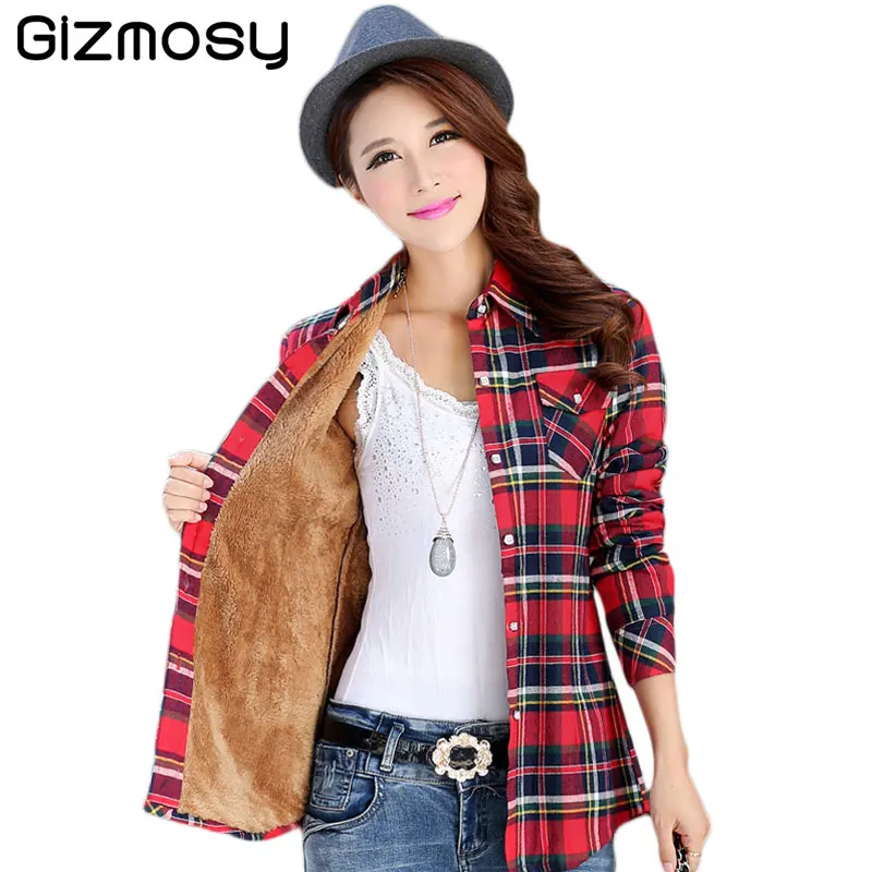 

1PC Velvet Thick Warm Women's Shirt Female Plaid Blouses Long Sleeve Tops M-XXL Autumn Winter blusas blouse shirts 2018 BN1891-1