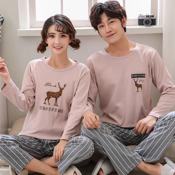 

long Sleeved Cotton Couple Pajamas Women Cartoon Sleepwear Girl Pajama Sets Pijamas Mujer Lover Pyjamas Plus Size 3XL Homewear