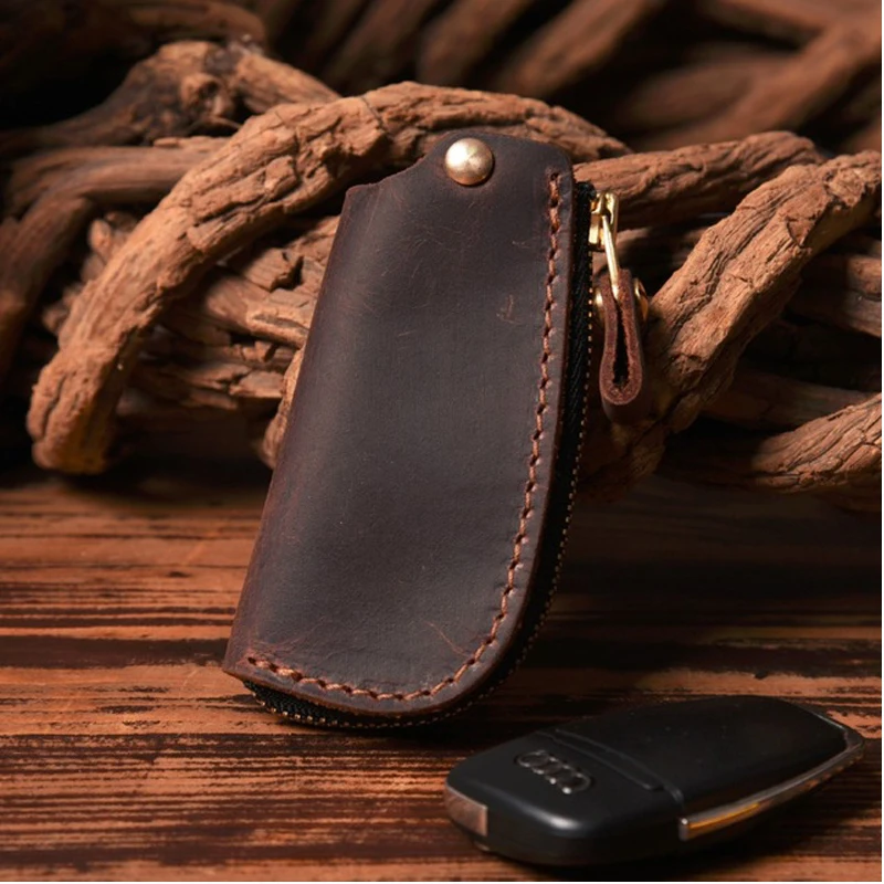 

Handmade Crazy Horse Cowhide Retro Men Key Wallet Key Safe Hanger Keyring Pouch Bag Mul-tifunctional Key Organizer Card Case New