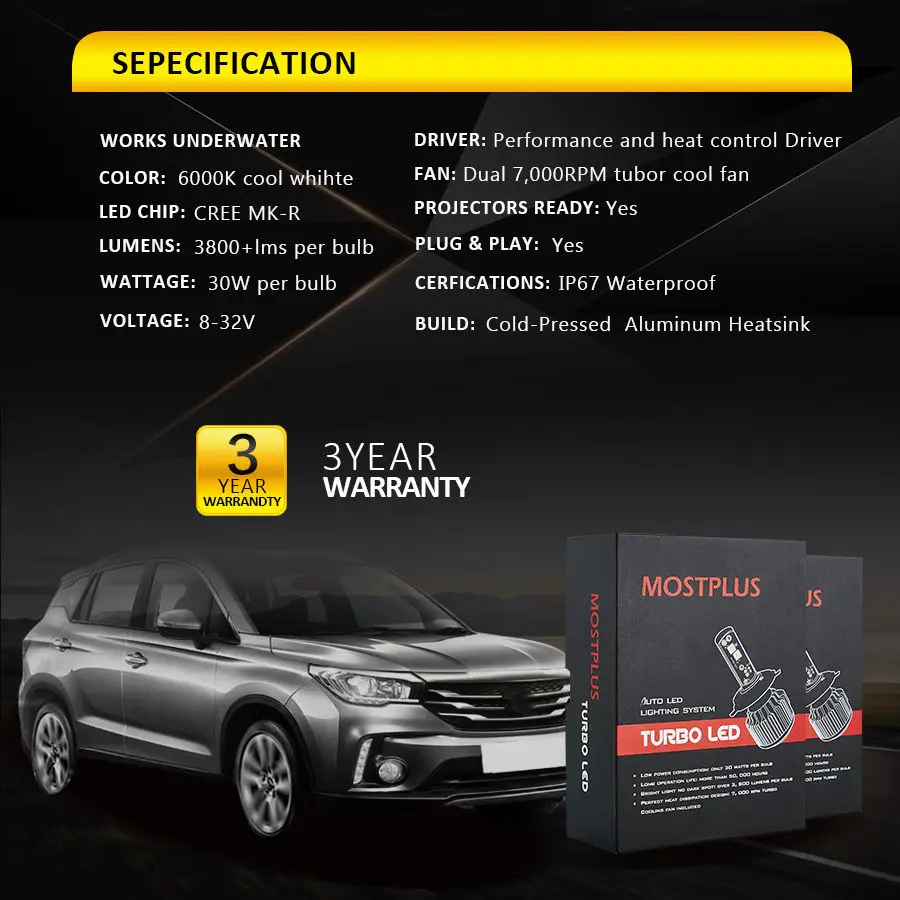 MOSTPLUS 7600LM 60W светодиодный фары комплект 9005 HB3 H10 9140 9145 6000 К лампы пара|9005 hb3|60w ledled 60w |