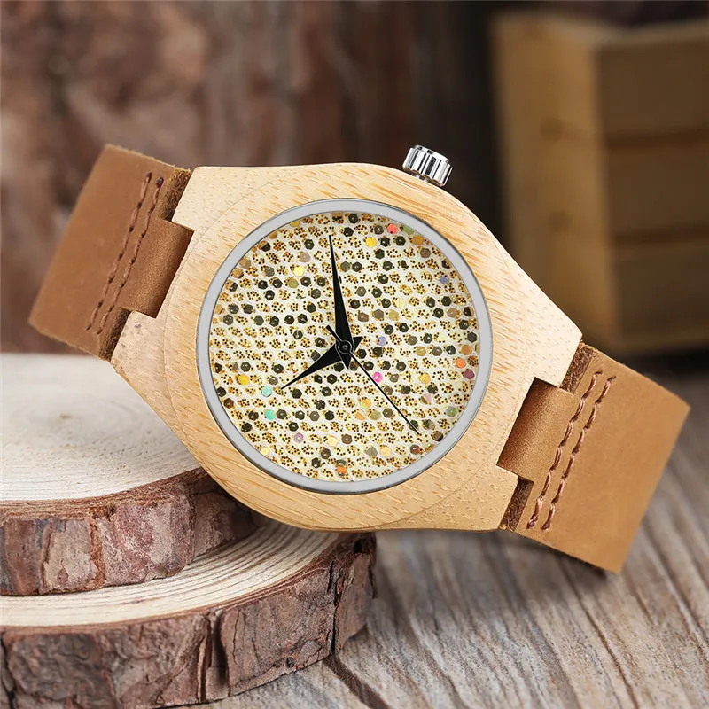 Beste Yisuya Creatieve Vrouwen Ebbenhout Bamboe Hout Horloge Fashion Crystal Glitter Lederen Quartz Horloge Dames Elegante Armband Klok