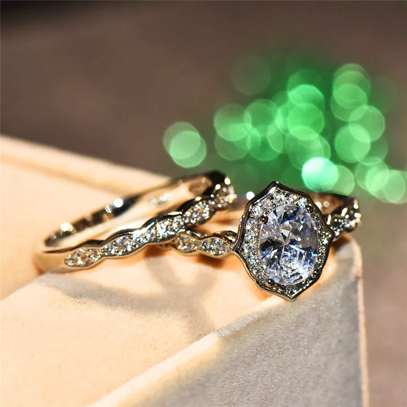 

Luxury Female Big Oval Ring Set Fashion Silver Color Bridal Engagement Ring Promise Crystal Zircon Wedding Rings For Women