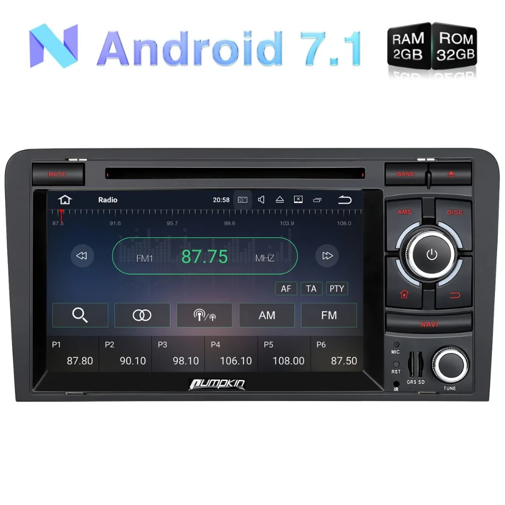 Pumpkin 2 Din7 &quotAndroid 7 1 Автомобильный мультимедийный DVD плеер для Audi A3 2003-2011 GPS