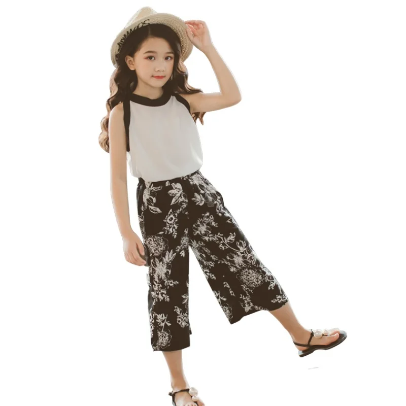 

2019 New Design Baby Girls Summer Clothing Set Chiffon Vest+Print Wide Leg Pant 2 Piece Sets Fashion Kids Girls Clothing Sets