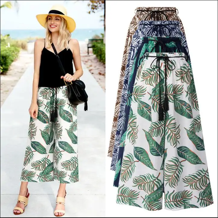 

New women trousers loose pants chiffon floral printed pattern Wide Leg pants elastic Waist with drawstring beach boho pants 5XL