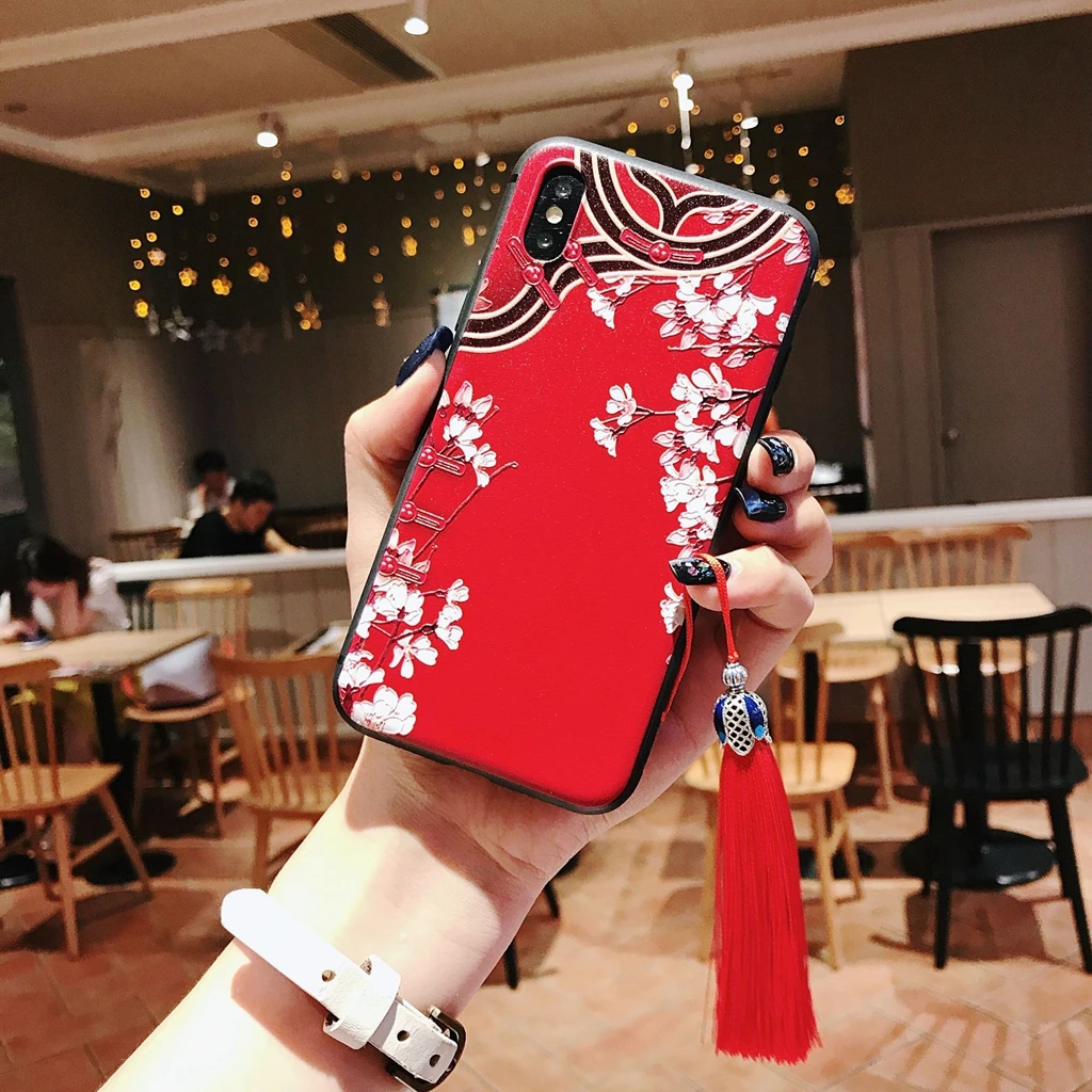 Chinese Red Tassels Phone Case For IPhone Xr 7 X 8 6 7plus Emboss Painting 6s 8plus Xs XR Cases |