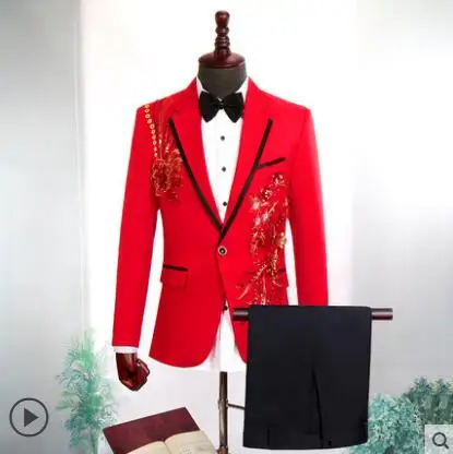 Модная сценическая одежда с блестками и цветком, мужской костюм жениха, комплект со штанами, мужские костюмы, костюм певицы, свадебное торжественное платье, Красный 2XL - Цвет: Красный