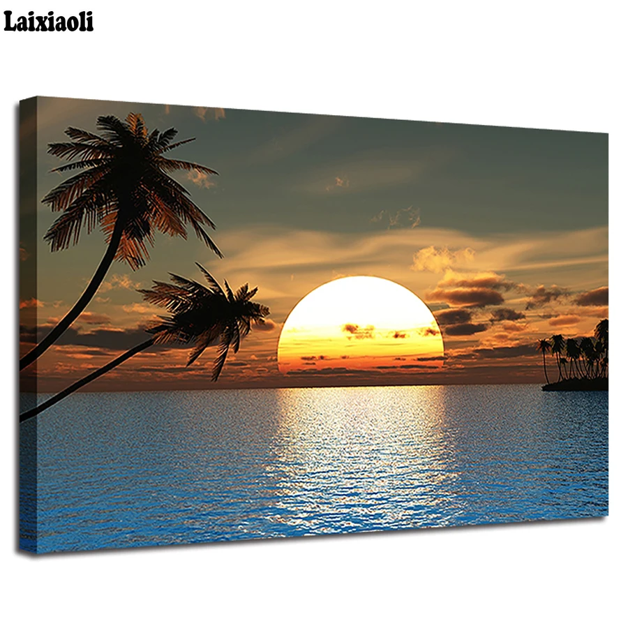 

diamond embroidery Sunset Sea Surface diamond painting cross stitch Islands Palm Tree Seascape Pictures full stone 5D DIY decor