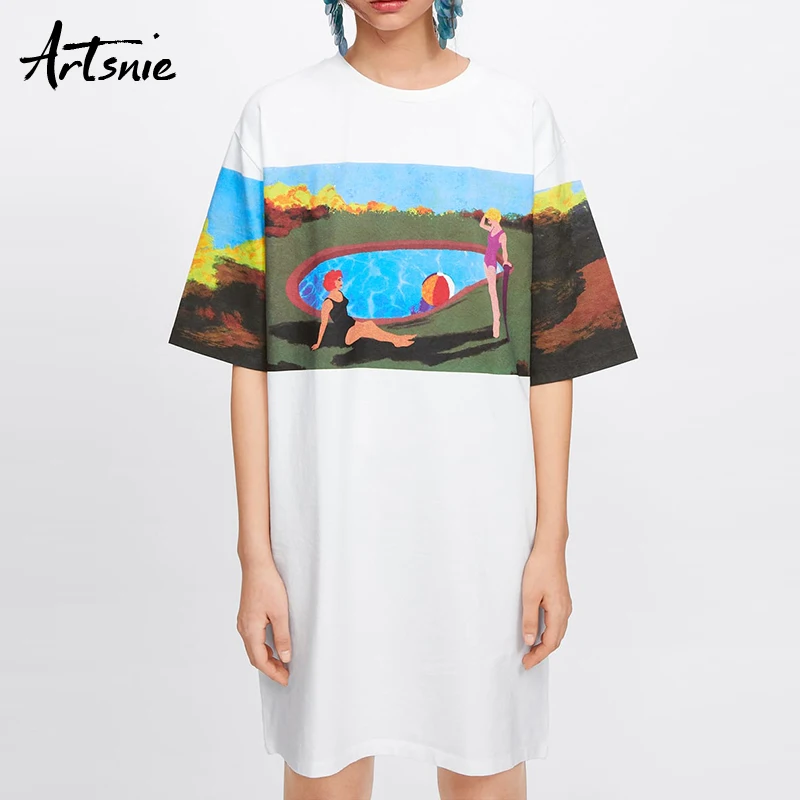 

Artsnie cartoon print streetwear loose mini dress women summer 2019 o neck short sleeve casual loose white dresses vestidos