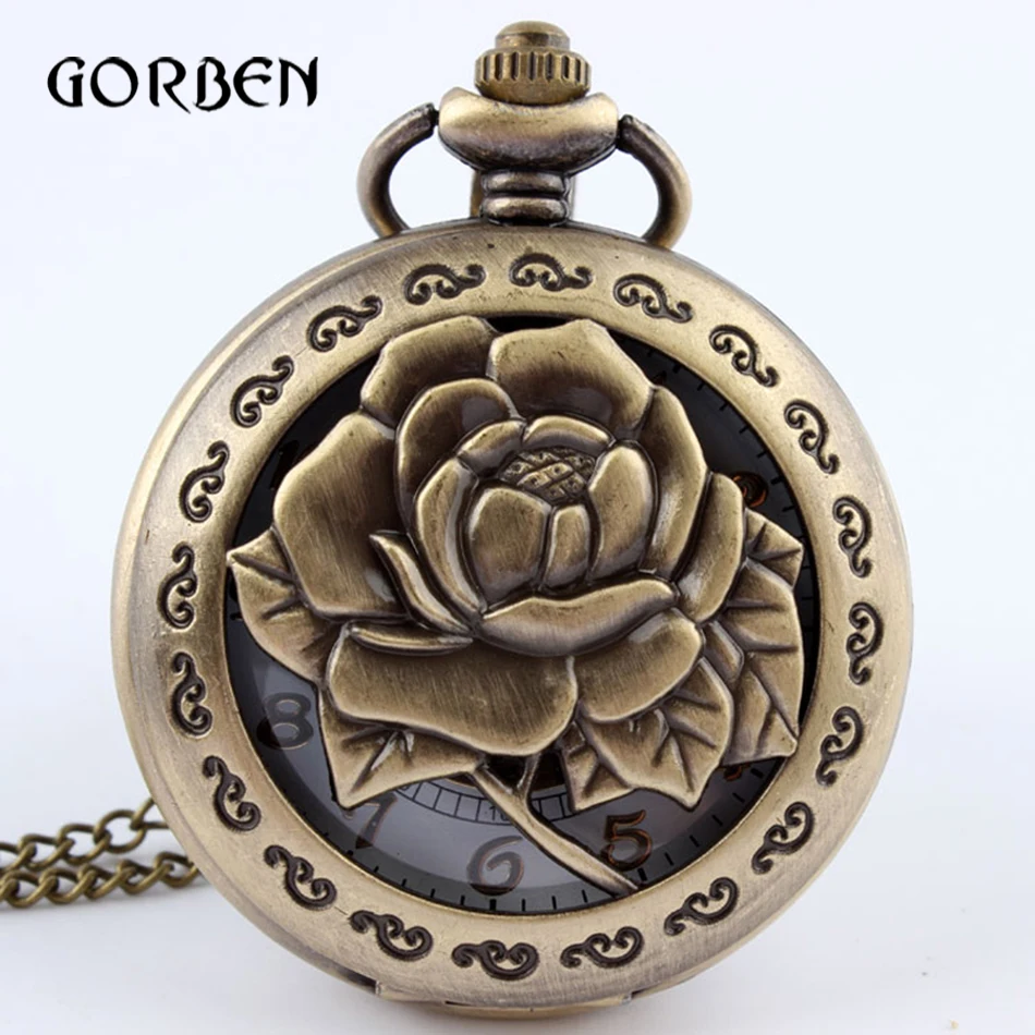 

Hot Sale Antique Carving Rose Flower Quartz Pocket Watch Long Necklace Chain for women gift relogio de bolso