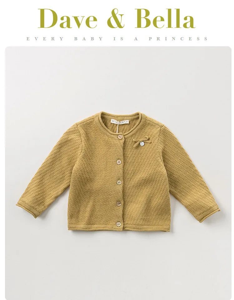 DB11843-1 dave bella/осенний модный однотонный кардиган с бантом для маленьких девочек, Детское пальто для малышей, милый вязаный свитер для детей