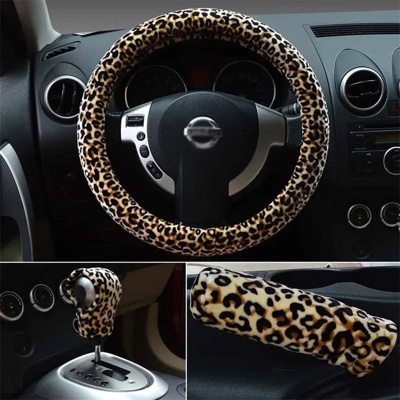 Steering Wheel Cover Handbrake cover Warm Short Soft Plush Gear Shift Collar Covers Sets Leopard print Car Interior Accessories |