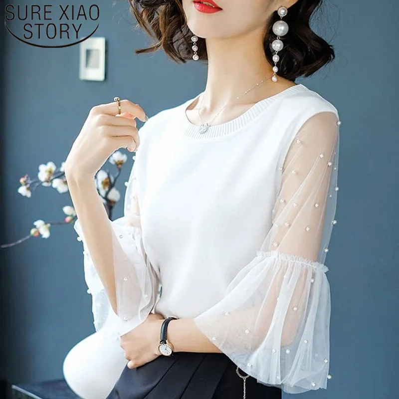 

Women t-shirt 2019 korean clothes off the shoulder tops for women shirts shirt ladies tops Beading Flare Sleeve 3220 50