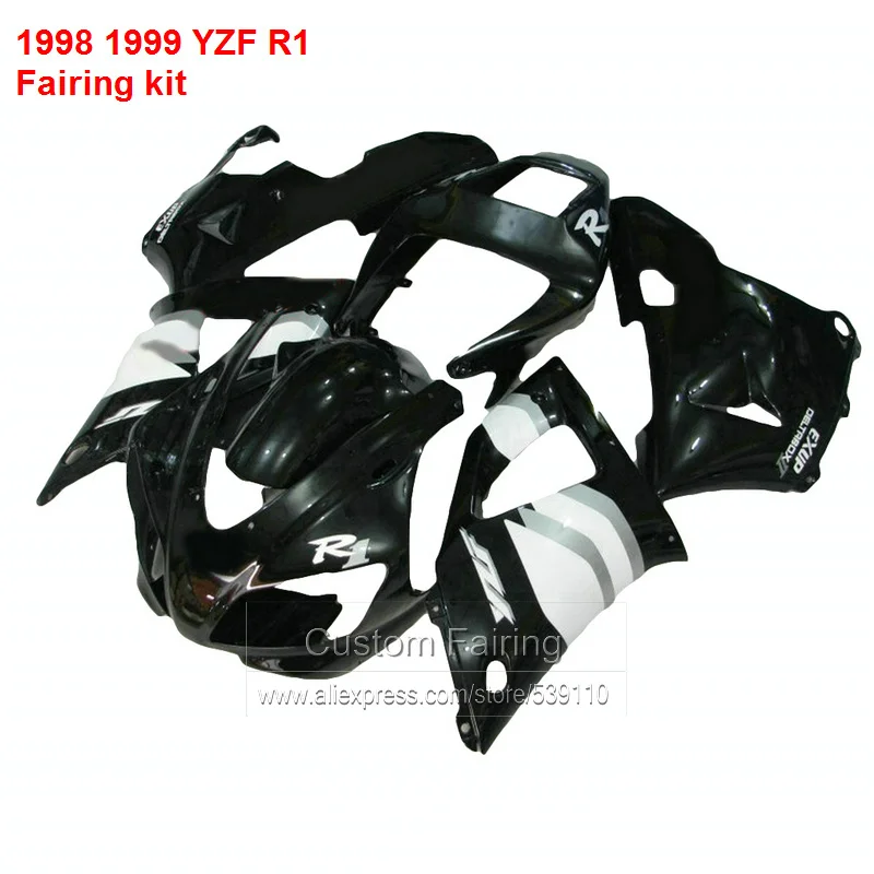 Черный комплект обтекателей для YAMAHA YZF R1 98 99 ( + серебряная линия) yzfr1 1998 1999