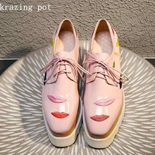 Zapatos de Otoño de marca Krazing Pot, zapatos de piel de vaca vintage con bordado de labios, zapatos de tacón con plataforma de talla grande L52