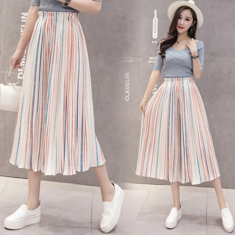

Azterumi Summer New 2019 Women Fashion Stripe Wide Leg Pants Women Casual Loose Pleated Chiffon Pant