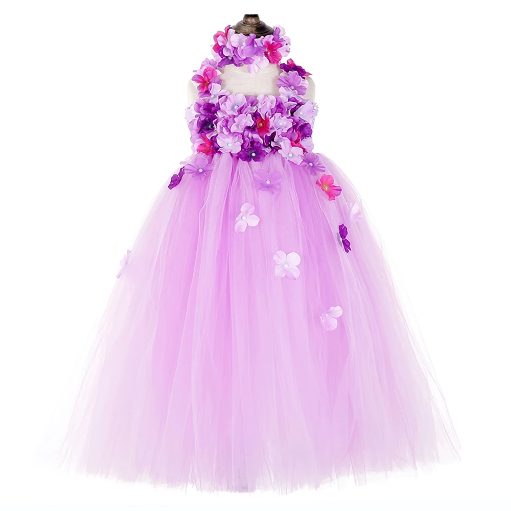 

Pink Lavender Flower Girl Lace Shoulder Girls Dresses in Kids Ankle Length Sleeveless Birthday Party Tutu Dress New Year Costume