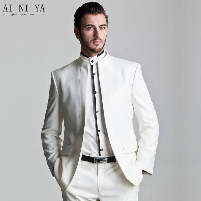 Pre-owned Price for  New Men's suits Business Formal slim of white stand collar Chinese tunic suit The groom suit custom