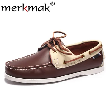 

Merkmak Spring Solid Men's Boat Footwear Fashion Genuine Leather Loafers Slip On&Lace Up Casual Shoes Man Comfortable Lazy Shoes