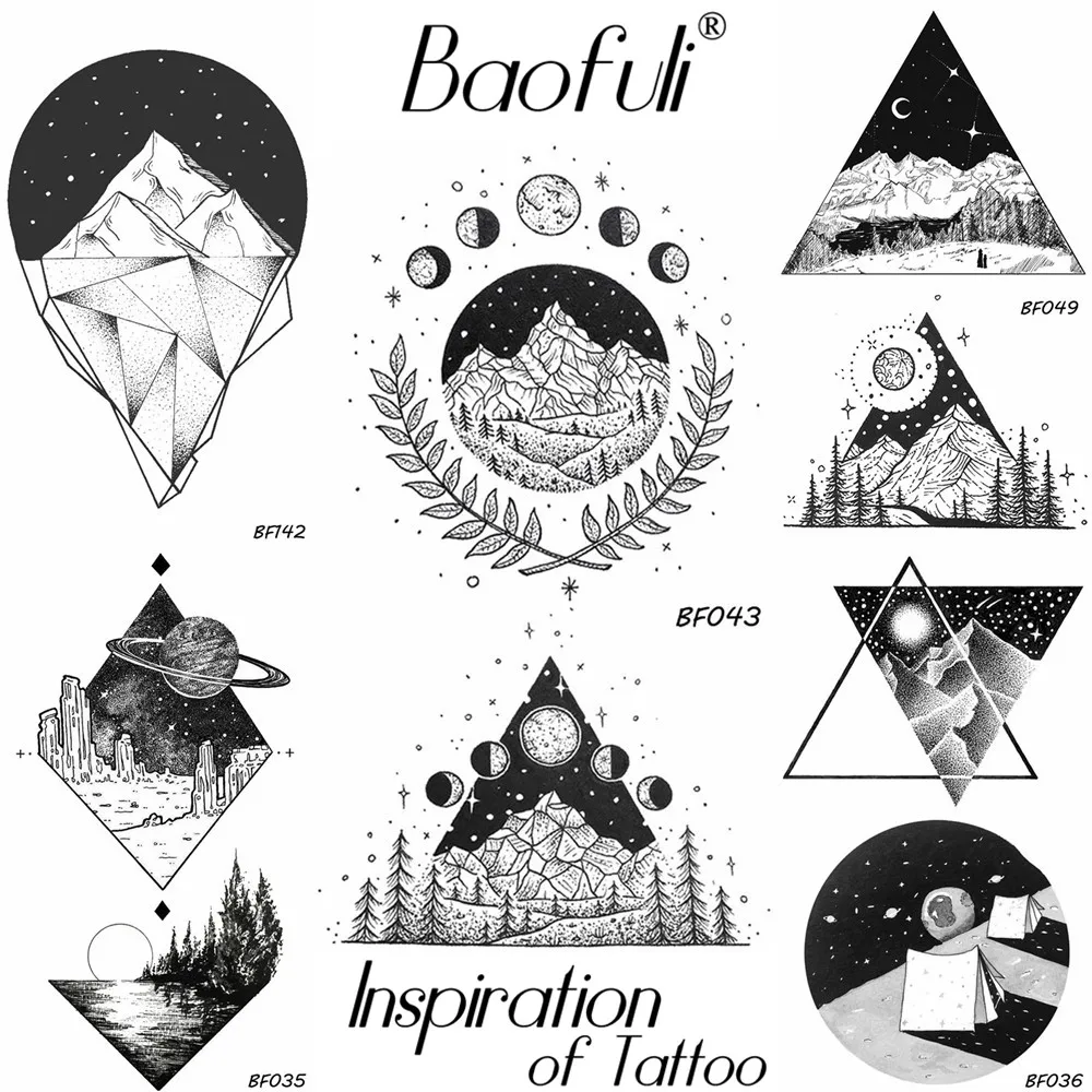 

Men Geometric Round Triangle Temporary Tattoo Galaxy Stars High Mountain Forest Tatoos Fake Body Art Olive Branch Tattoo Sticker