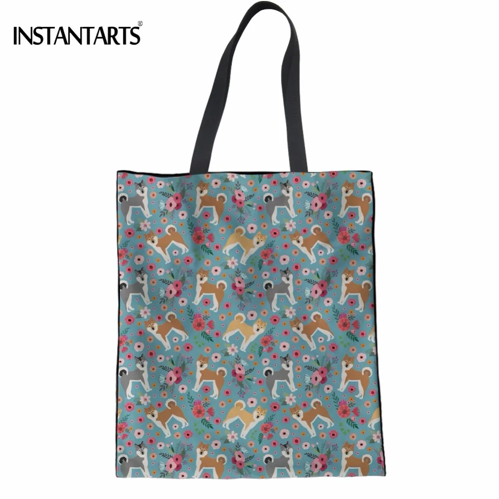 

INSTANTARTS Funny Puppies Akita Flower Pattern Female Linen Shopping Bags Casual Reusable Eco Bags Multi-function Girl Bookbags