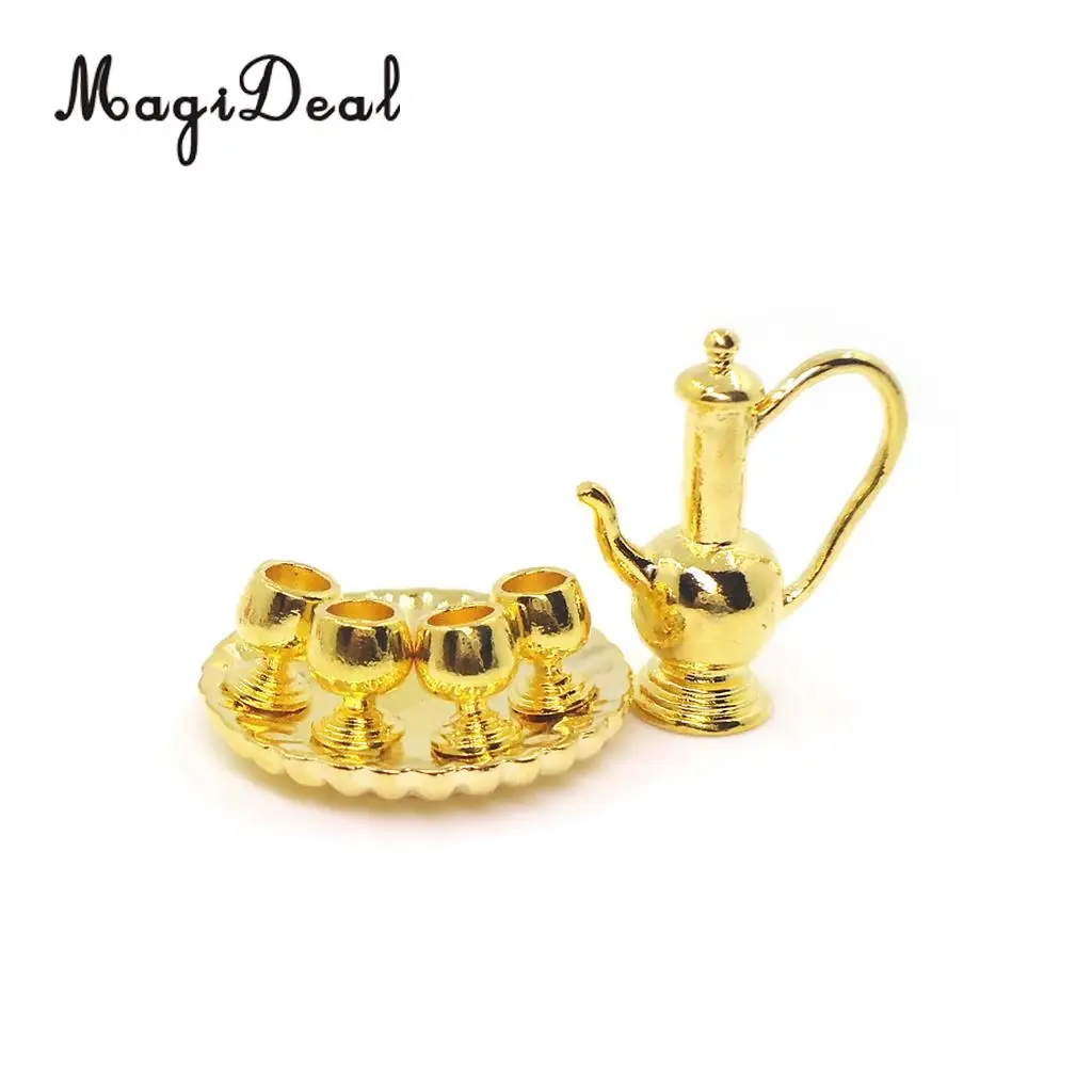 6Pcs 1:12 Dollhouse Miniature Silver Metal Tea Coffee Milk Set with Tray for Dolls Living Room Table Tableware Furniture Decor