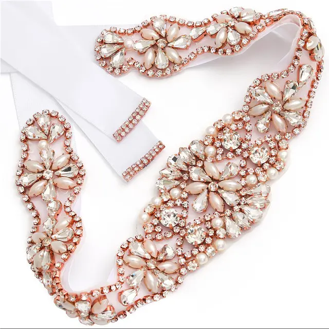 MissRDress Wedding Rhinestones Bridals Belt Pearls Crystal Bridal Belt Jeweled Bridal Sash For Wedding Dresses Pearl Belts JK806 Rose gold---white