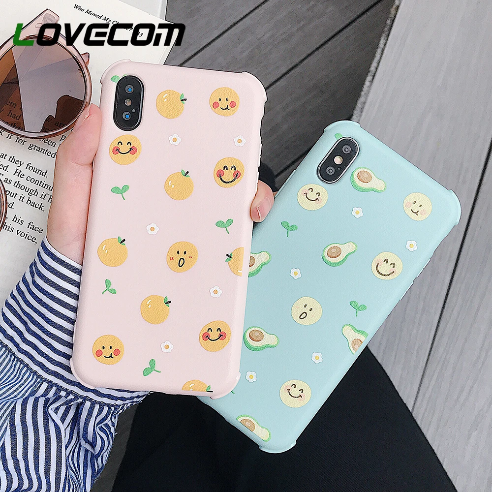 

LOVECOM Shockproof Phone Cases For iPhone XR XS Max 6 6S 7 8 Plus X Cute Candy Color Soft TPU Avocado Smiley Face Back Cover