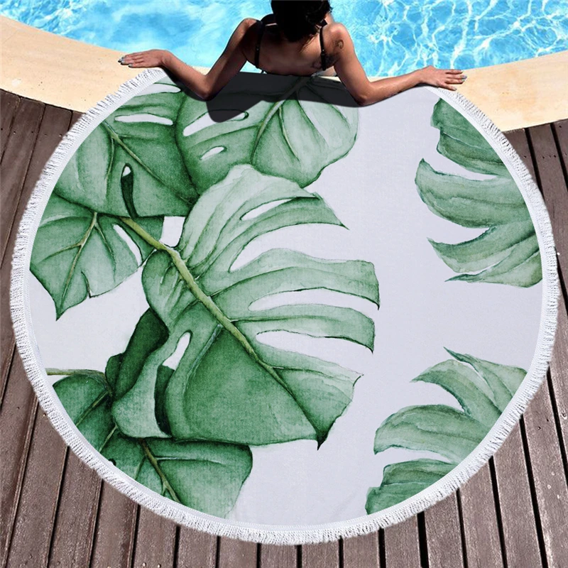 

150CM Tropical Palm Leaves Round Beach Towels Polyester Large Towels Green Plant Printed Bath Towel Super Soft Yoga Mat Picnic