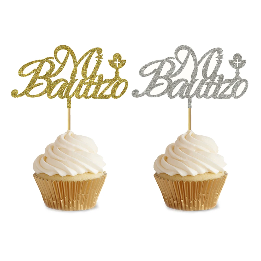 20pcs Glitter Gold Silver Spanish Mi Bautizo Paper Cupcake Topper For