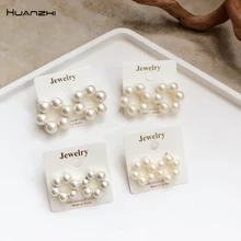 HUANZHI Japan New S925 Silver Needle Geometric Circle Flower Cotton beads Pearl Stud Earrings for Women Girls Wedding Party
