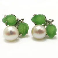 8-9mm AAA White Natural Green Jade Leaf Button Pearl Earring 1