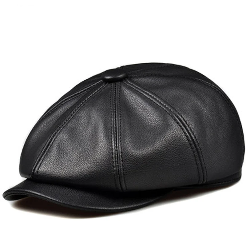 

RY993 New Unisex Winter Pumpkin Black Genuine Leather Hat Women Men Fitted Korean Steet Cowboy Casquette Fashion Newsboy Caps