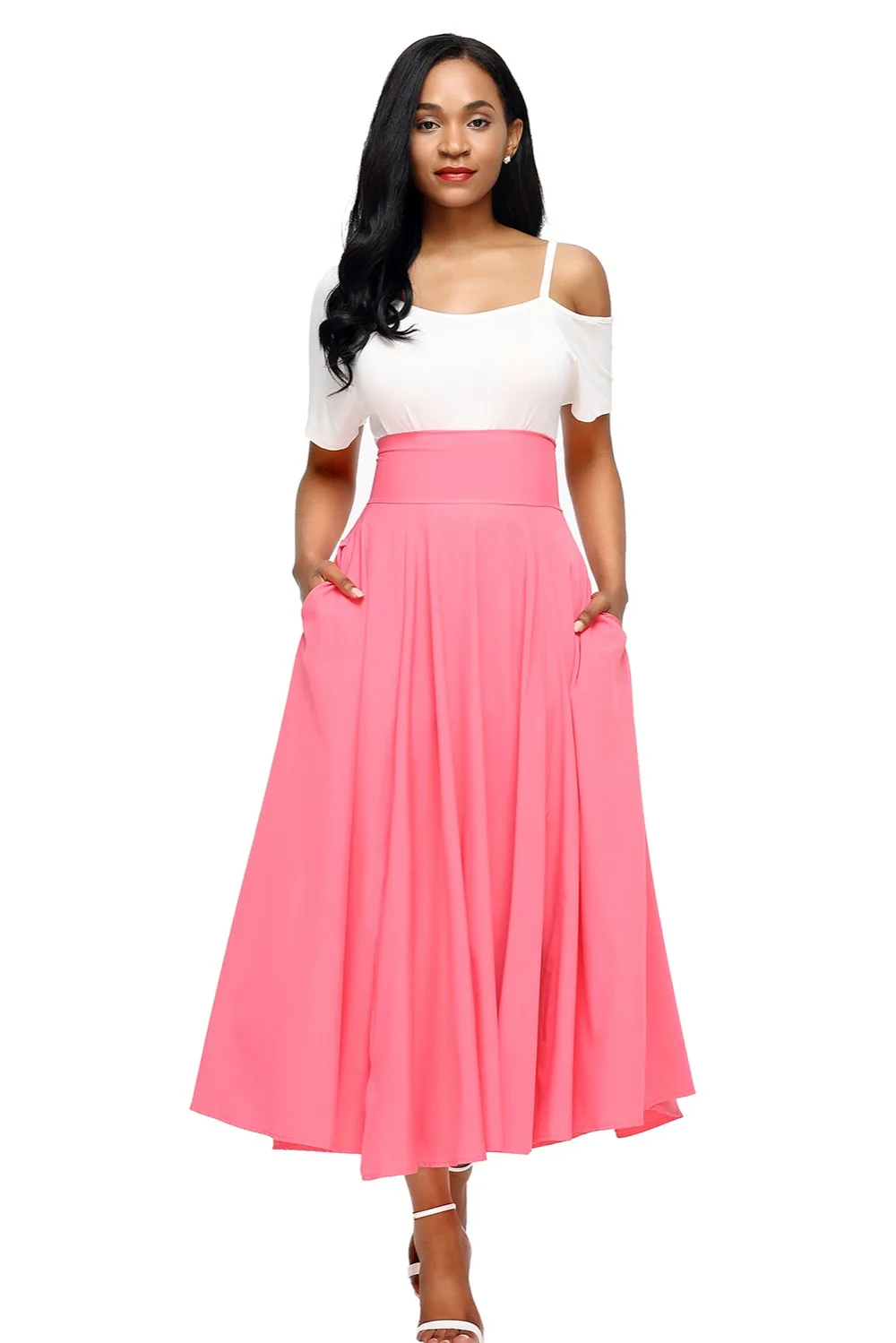 Pink-Retro-High-Waist-Pleated-Belted-Maxi-Skirt-LC65053-10-1