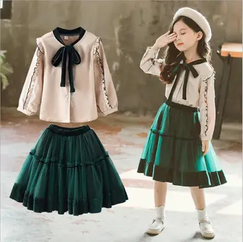 

4-13Y girls sets 2019 spring girls fashion ruffles bow shirt+tulle tutu skirt 2 pcs suits girl clothes kids set children clothes