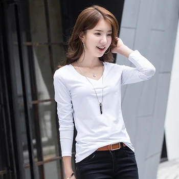 

Woman T-shirts New Fashion Cotton Long Sleeve Slim V-Neck Slid Shirts Fitting Weight 43-80kg Drop Shipping