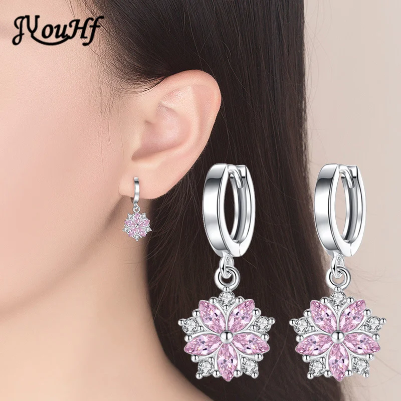 

JYouHF Original Women Earrings Pink Flower Round Pendant 3A Zircon Drop Earrings Wedding Party Silver Jewelry Ohrringe Wholesale