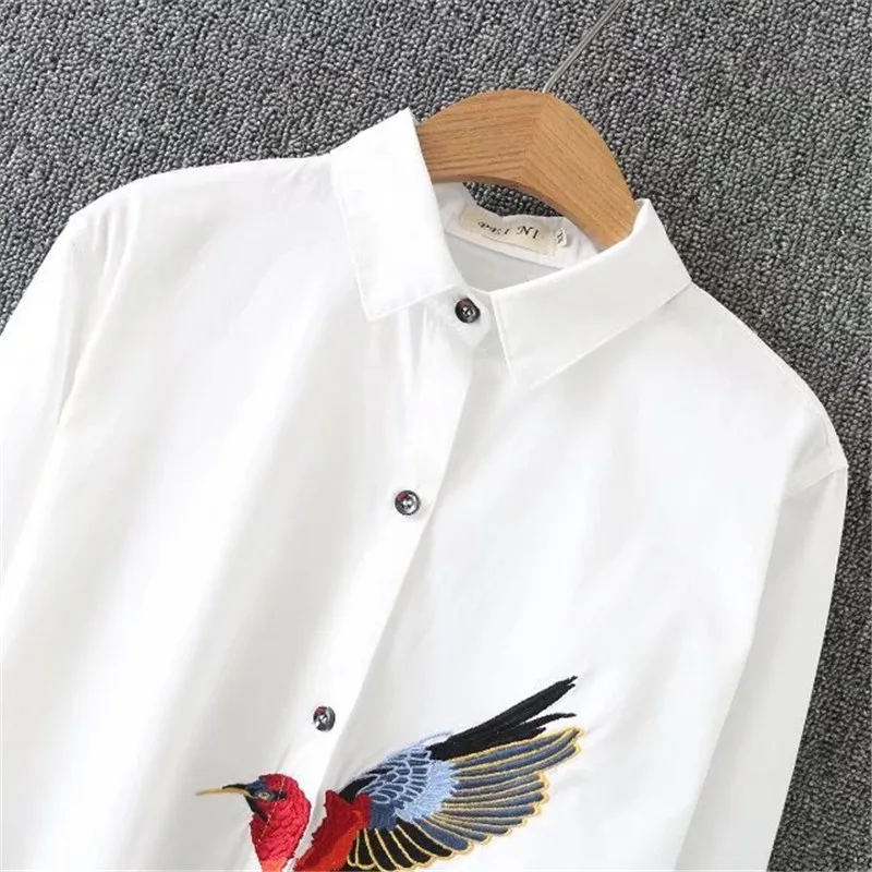  new oversize shirt 2018 spring big size Women long Shirt Cotton Blouses Style Clothing Embroidery L