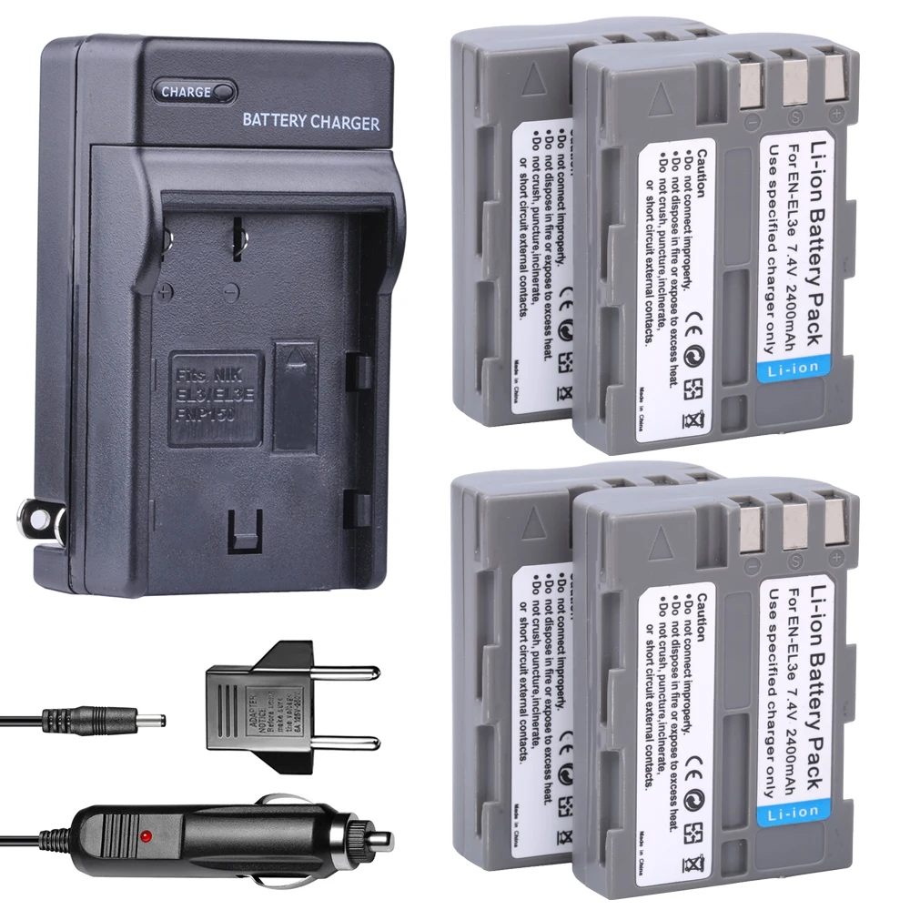 

4x EN-EL3e batteries 7.4V 2400mAh EN EL3e Camera Battery + Car Charger Kit For Nikon ENEL3E EN EL3E D30 D50 D70 D90 D70S D300